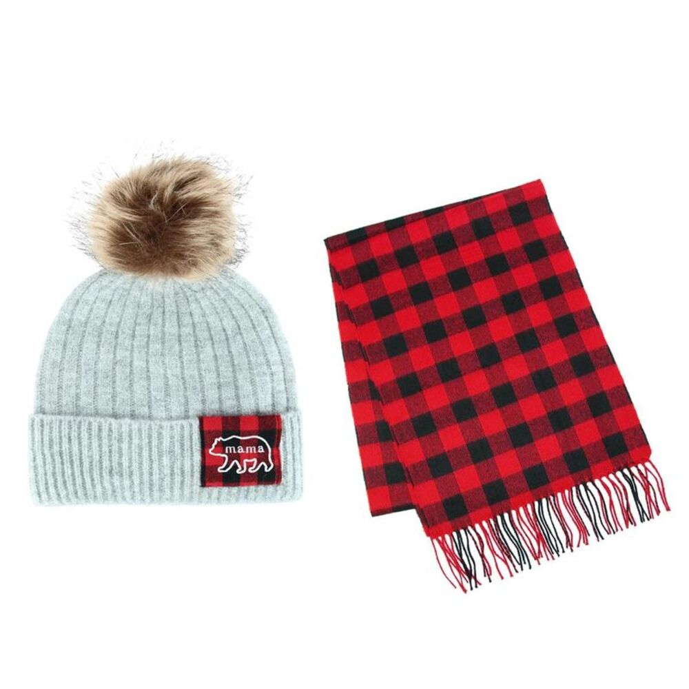 David & Young Women's Mama Bear Winter Beanie and Matching Buffalo Plaid Scarf